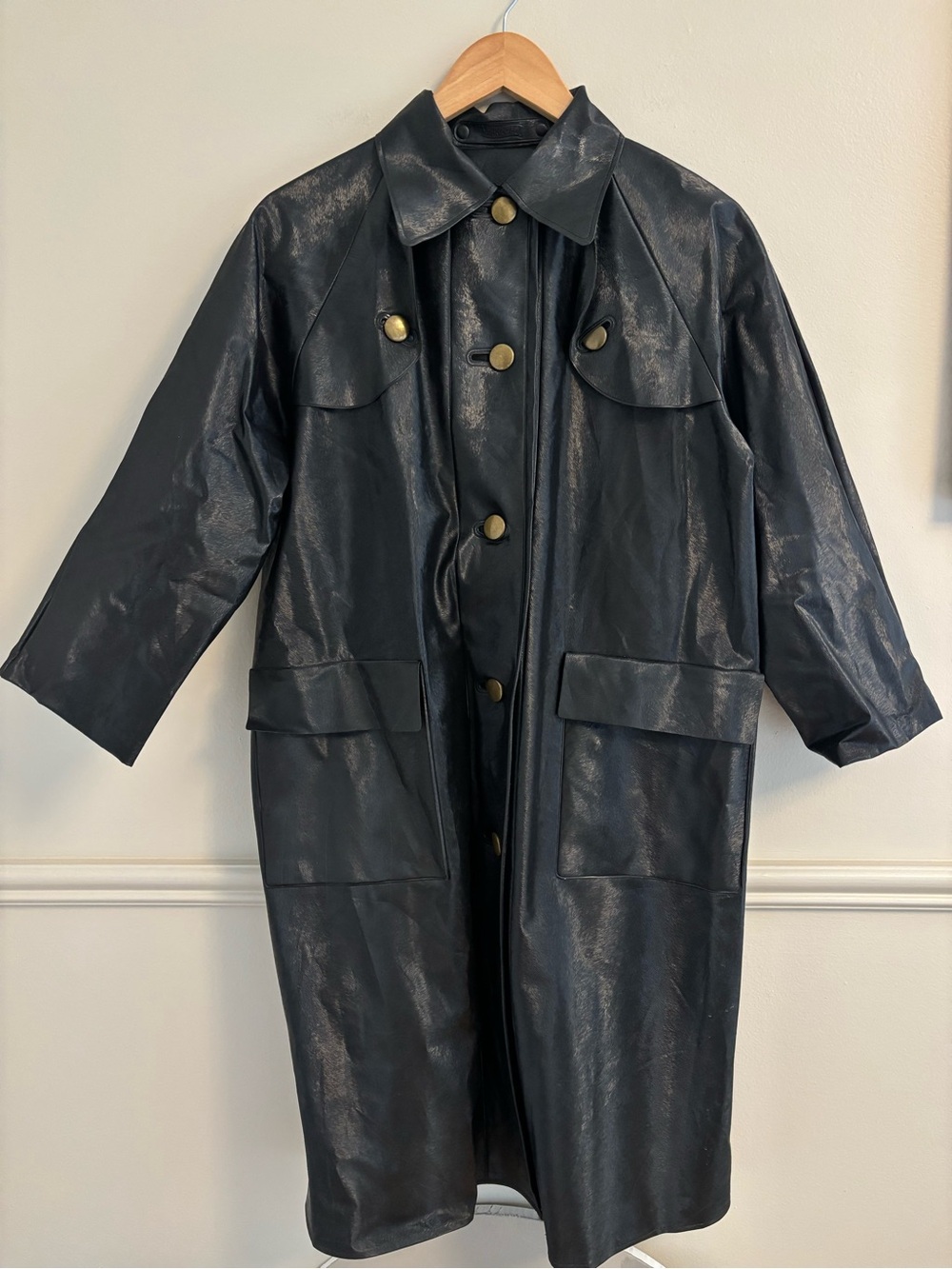 Women's vintage Black Faux Leather rain Trench Coat with Gold Buttons